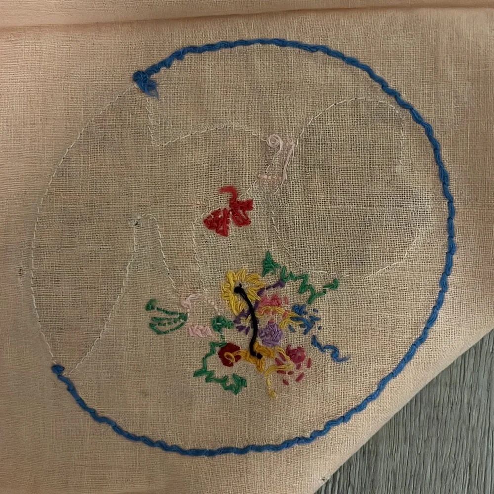 50s Tea Dish Towel Embroidered Appliqué PinkPeach Blue Bonnet girl w flowers